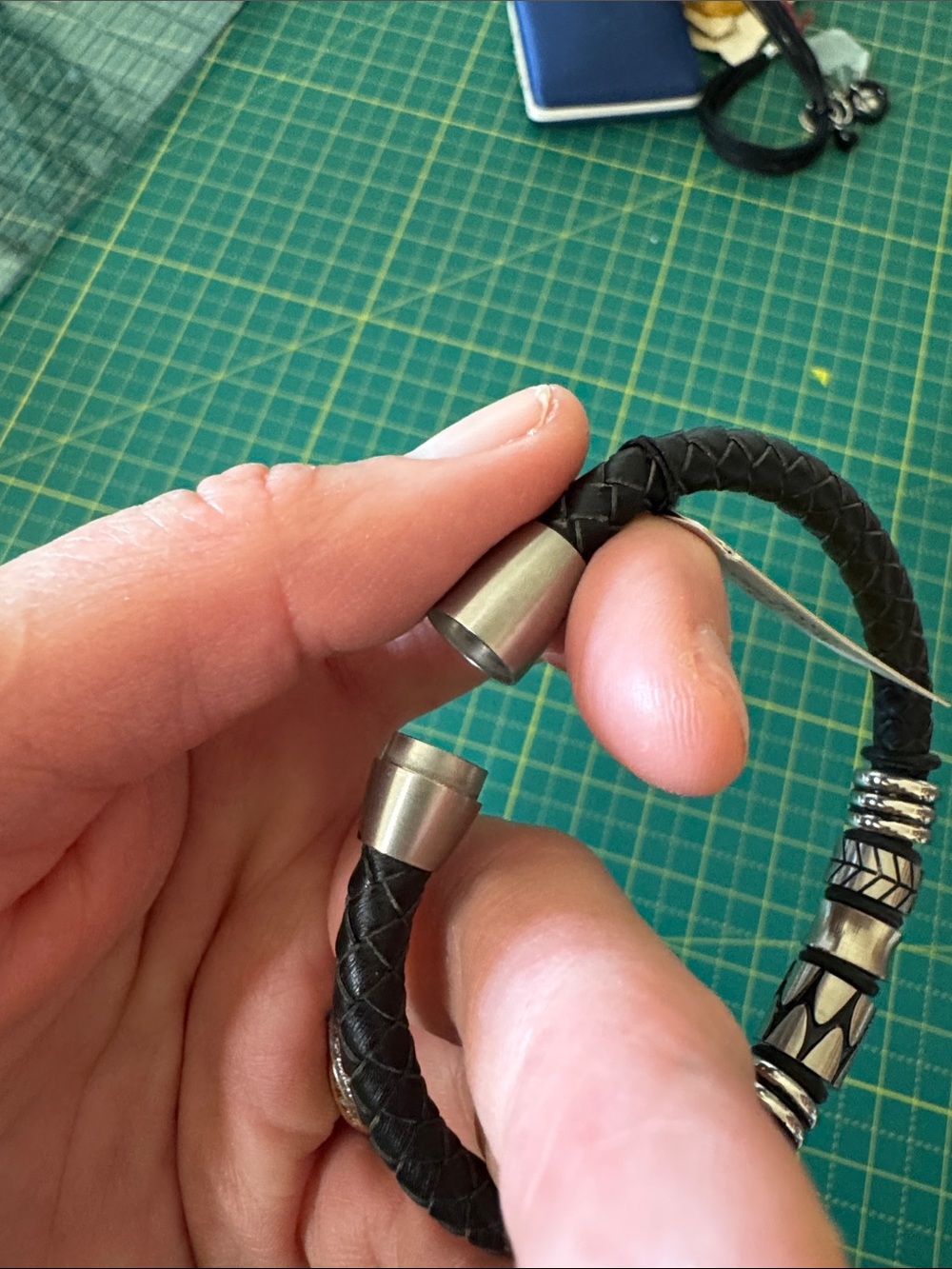 Braided Black Leather Bracelet with Silver Accents - Picture 4 of 5
